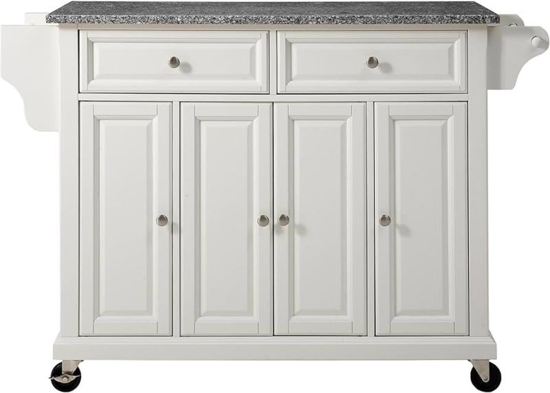 Rolling Kitchen Island with Recessed Panel Doors and Granite Style Top