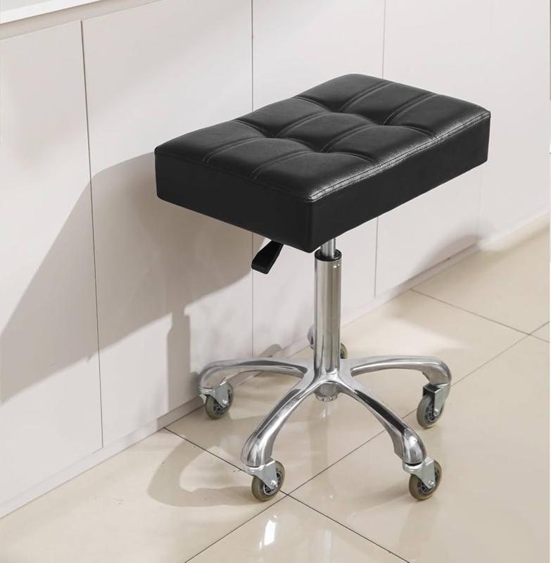 Rolling Stool Rectangular Tufted Seat Polished Chrome Base Adjustable