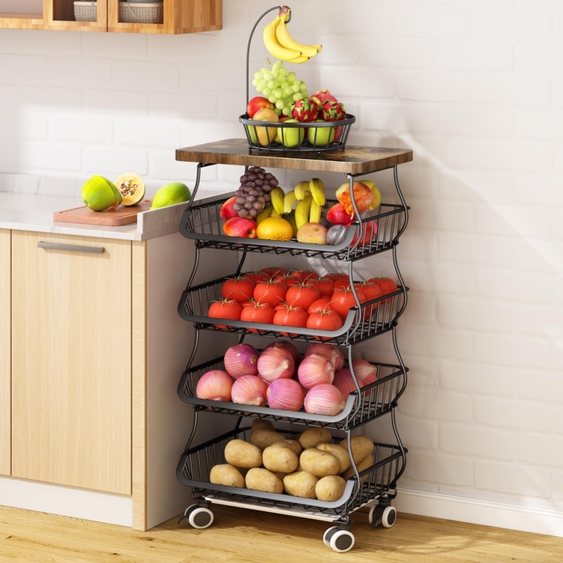 Rolling Storage Cart Banana Hanger Stackable Baskets Wood Top