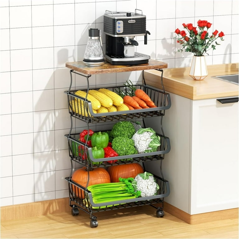 Rolling Storage Cart Matte Black Wood Top Mobile Casters 4 Tier