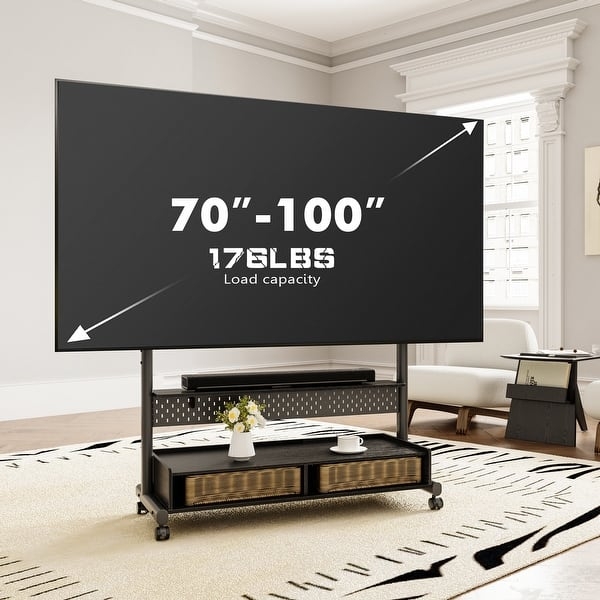 Rolling TV Stand with Storage Baskets, Soundbar Shelf, Dual Pole Support.