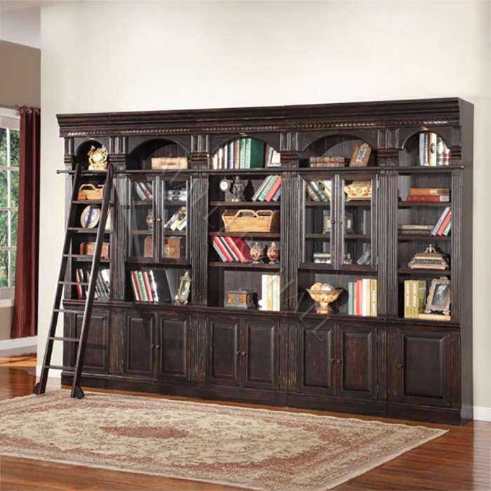 Roman Wall Library Bookcase with Sliding Ladder and Arched Niches