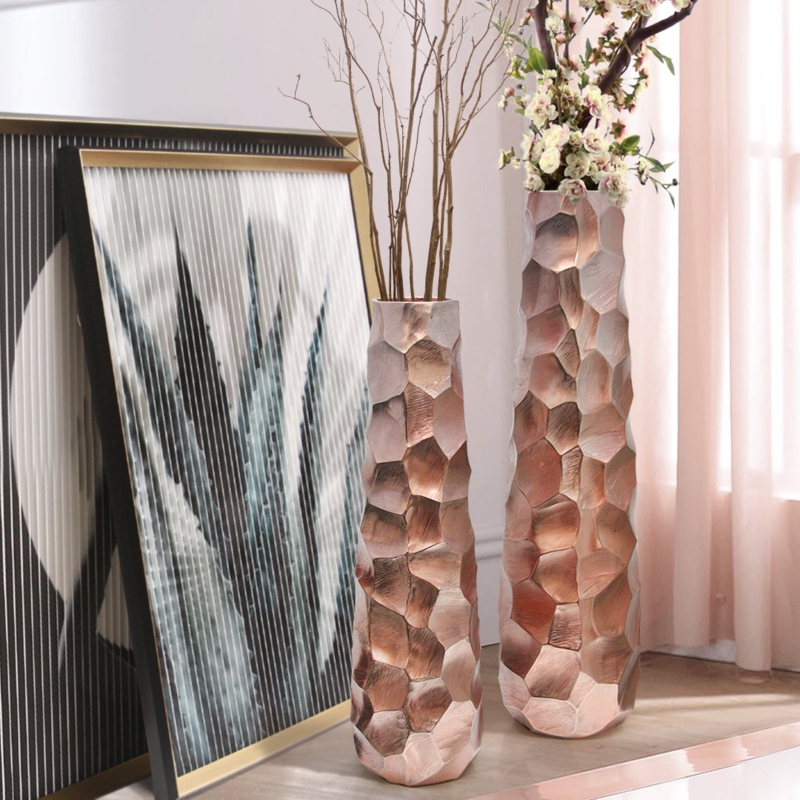 Rose Gold Floor Vases Faceted Pounded Texture Modern Metallic Accent