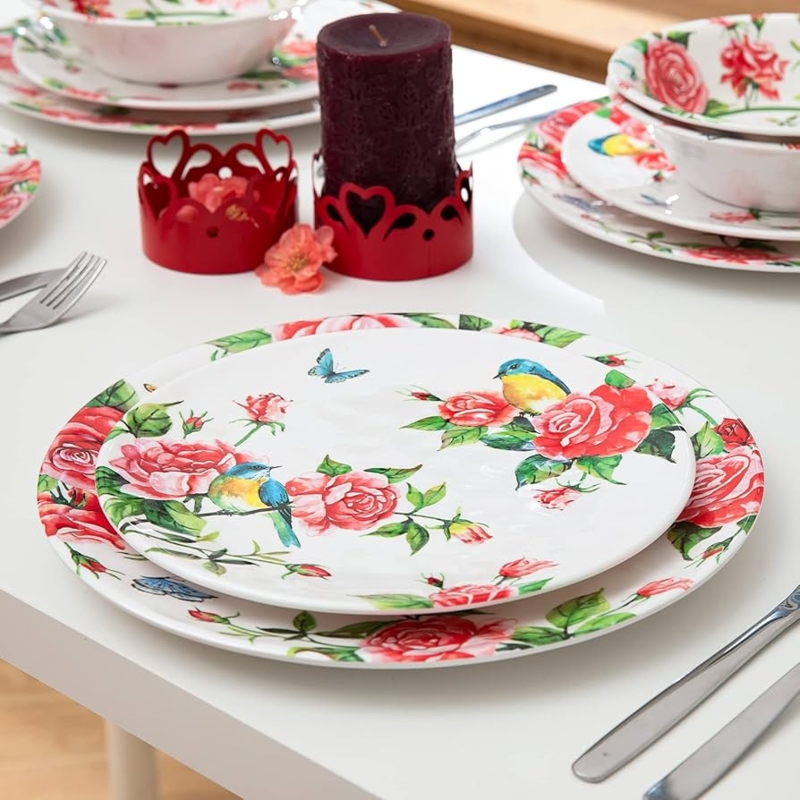 Rose Pattern Dinnerware Set, Melamine with Bird & Heart Accents