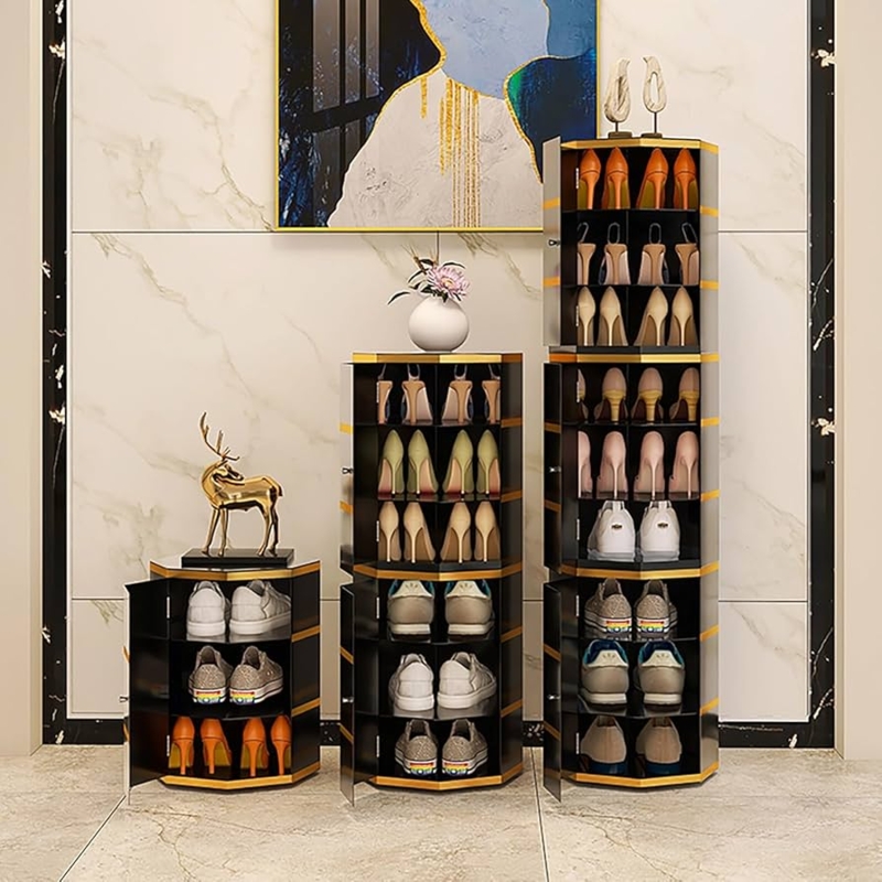 Rotating Hexagonal Shoe Cabinet Black with Gold Accent Trim