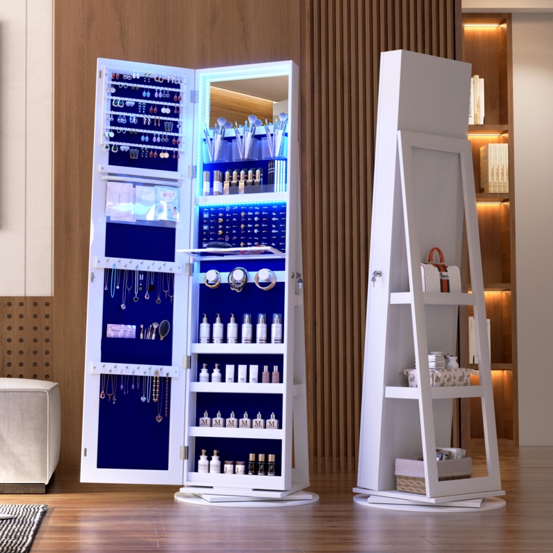 Rotating Jewelry Armoire with Cobalt Blue Velvet Lining