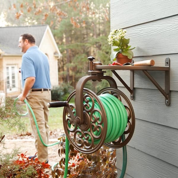 Rotating Wall Mount Hose Reel: Antique Bronze with Integrated Shelf