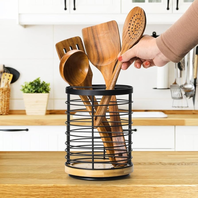 Rotating Wire Utensil Holder Matte Black with Wood Base