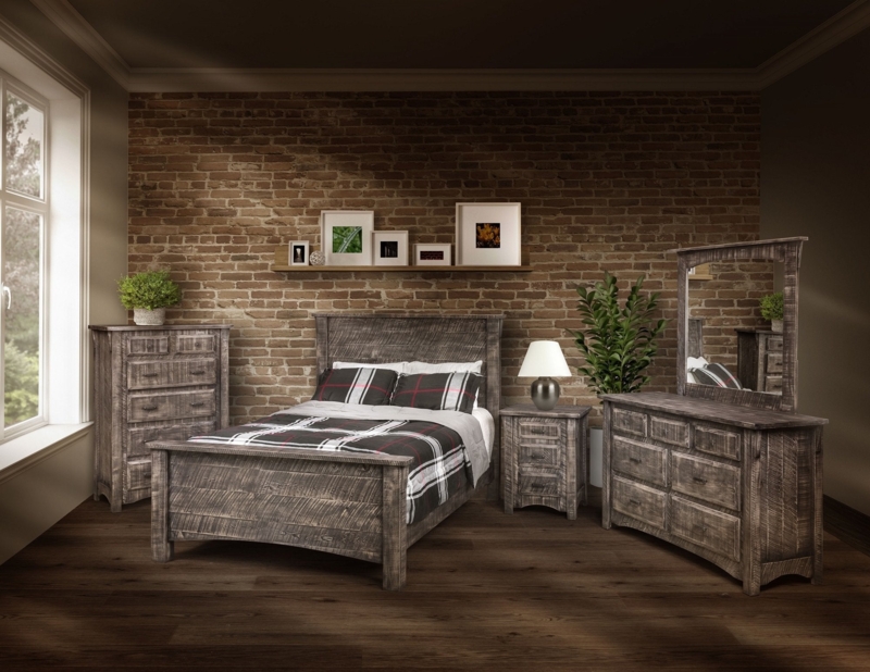 Rough Cut Amish Bedroom Set in Charcoal Gray with Rustic Plaid Bedding