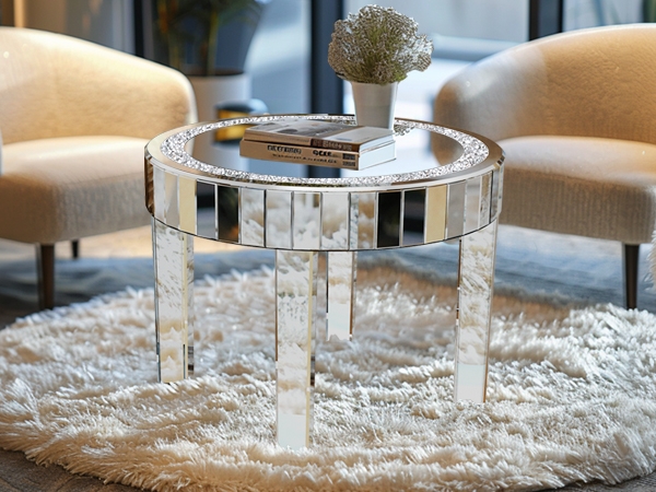 Round Accent Table Crushed Diamond Inlay Mirrored Square Legs Glam Deco