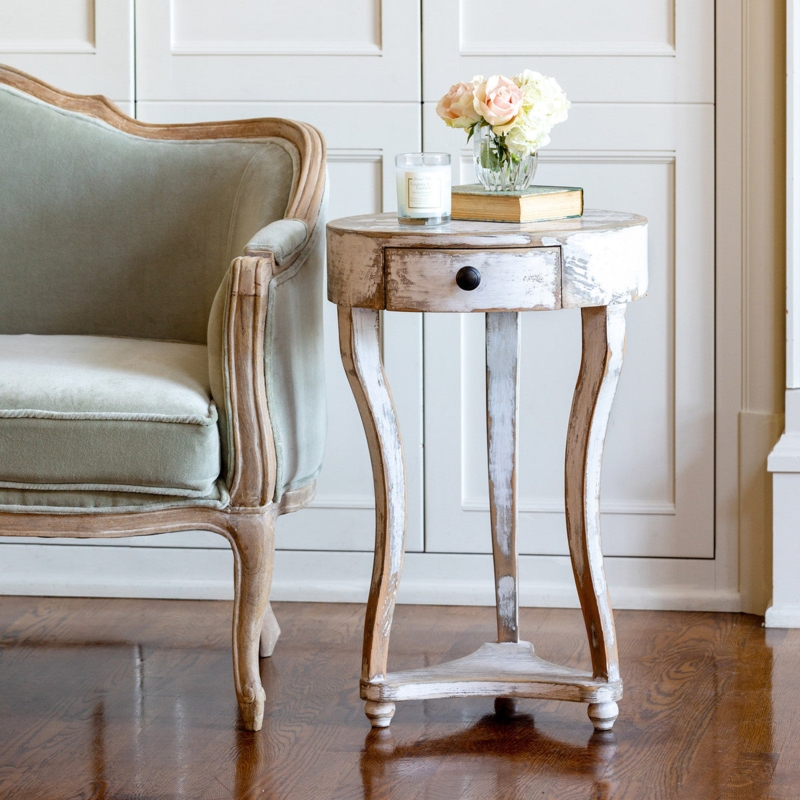 Round Accent Table Curved Legs Petite Bun Feet Drawer