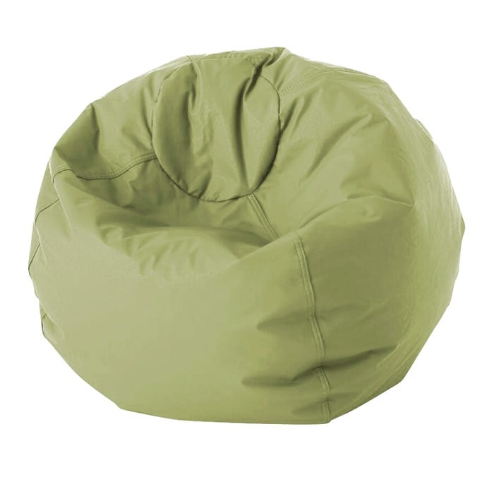 Round Bean Bag: Olive Green Vinyl-Like Surface, Reinforced Seams.