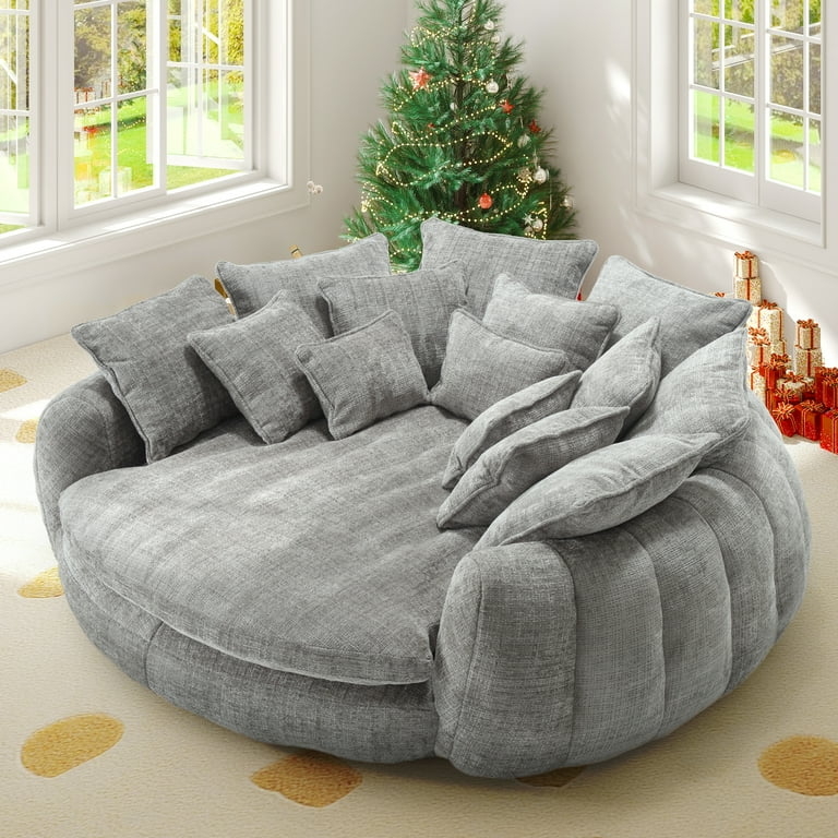 Round Chaise Lounge: 81 Inch Oversized Light Gray Chenille Cloud Couch.