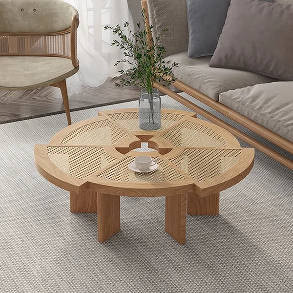 Round Coffee Table with Segmented Top & Rattan Cane Inserts