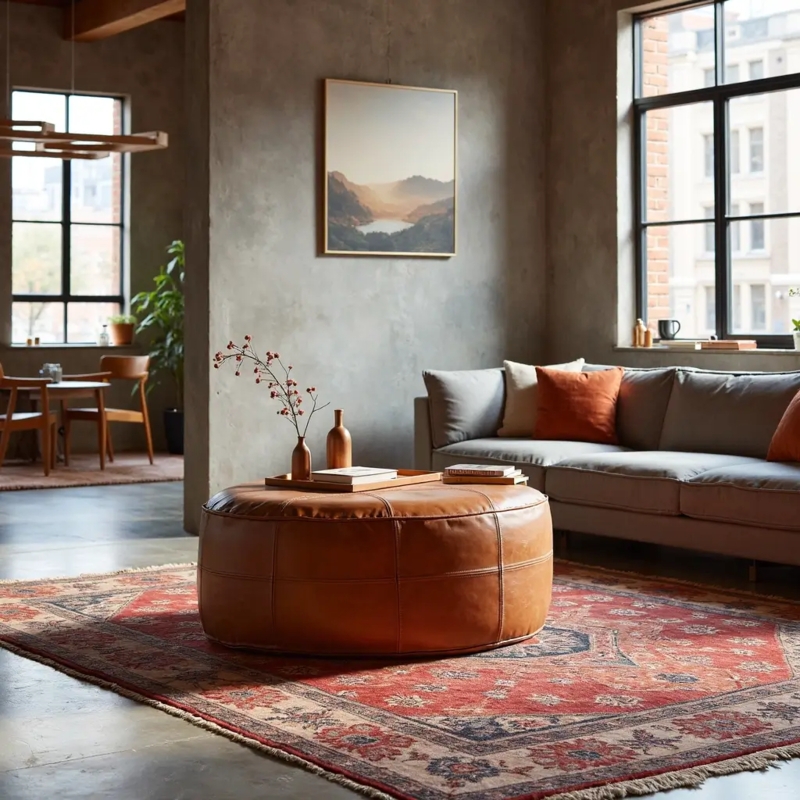 Round Cognac Floor Ottoman with Stitched Panel Detail
