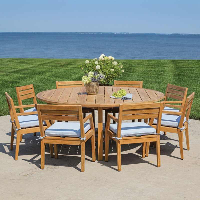 Round Dining Set Eight Person Wood Toned Tapered Legs Tie-On Pads