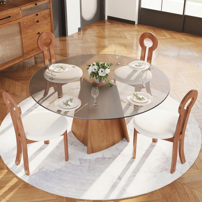 Round Dining Set Glass Top Geometric Pedestal Base Walnut Cutout Chairs