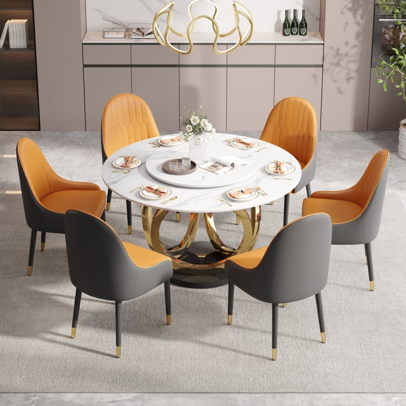 Round Dining Set, Sculptural Gold Base with Two Tone Orange Chairs