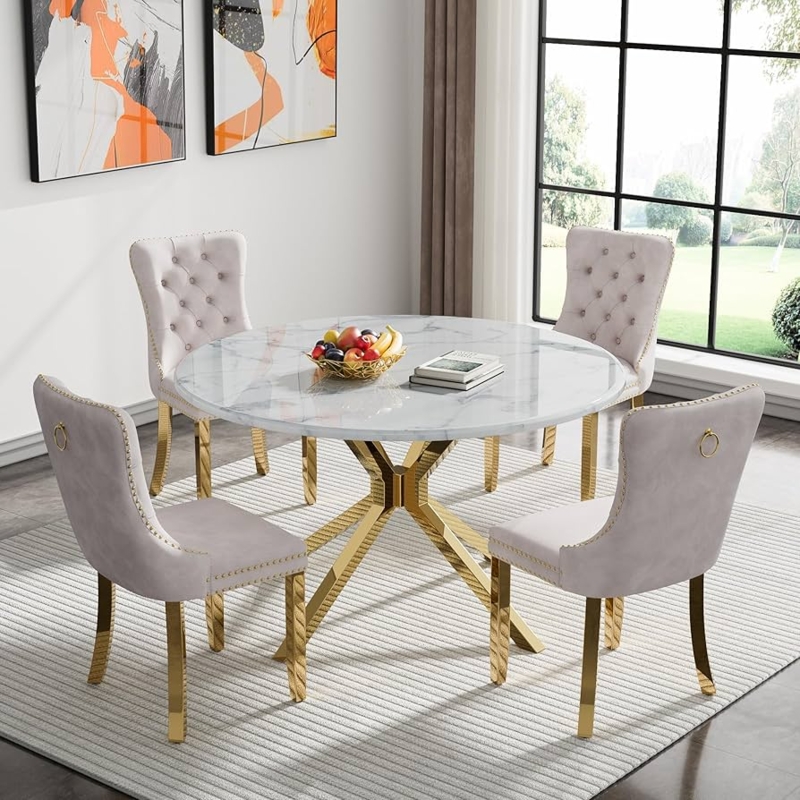 Round Dining Set: Starburst Gold Base & Ring Pull Chairs