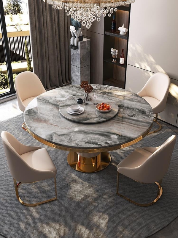 Round Dining Set, Stone Pattern Top with Gold C-Frame Base Chairs