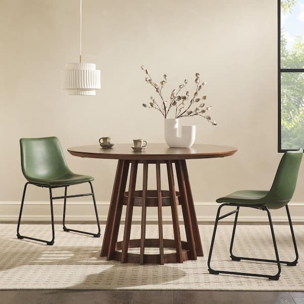 Round Dining Set with Olive Green Leather Chairs and Slatted Pedestal