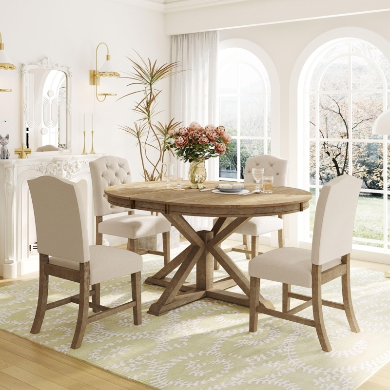 Round Dining Set X-Base Pedestal Natural Wood Upholstered Chairs