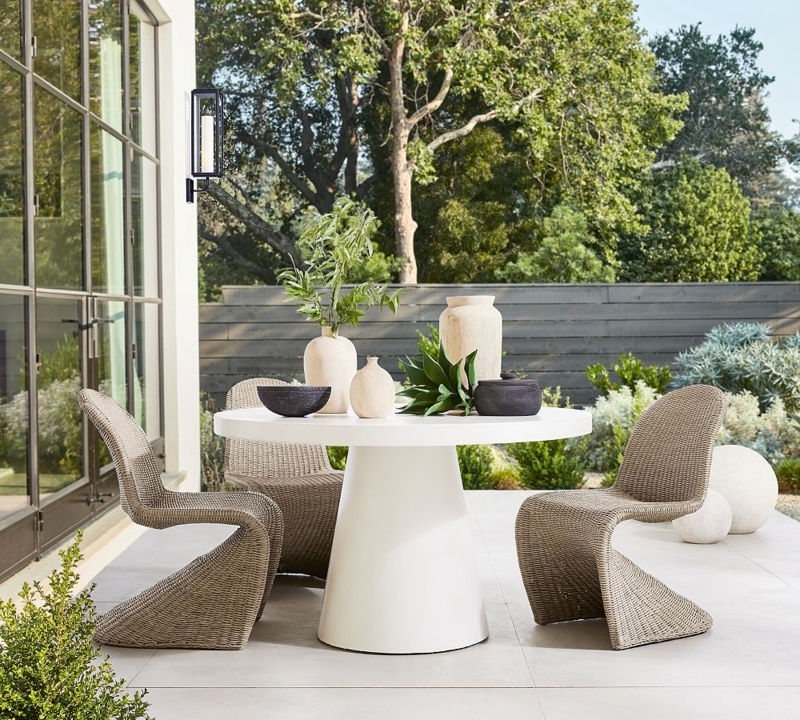 Round Dining Table Concrete Look Pedestal Base Off-White Finish