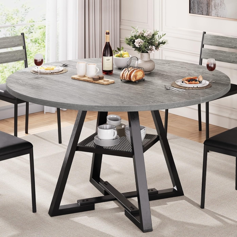 Round Dining Table Integrated Storage Shelf X-Shaped Base