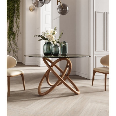 Round Dining Table Interlocking Loop Base Glass Top Walnut Contemporary