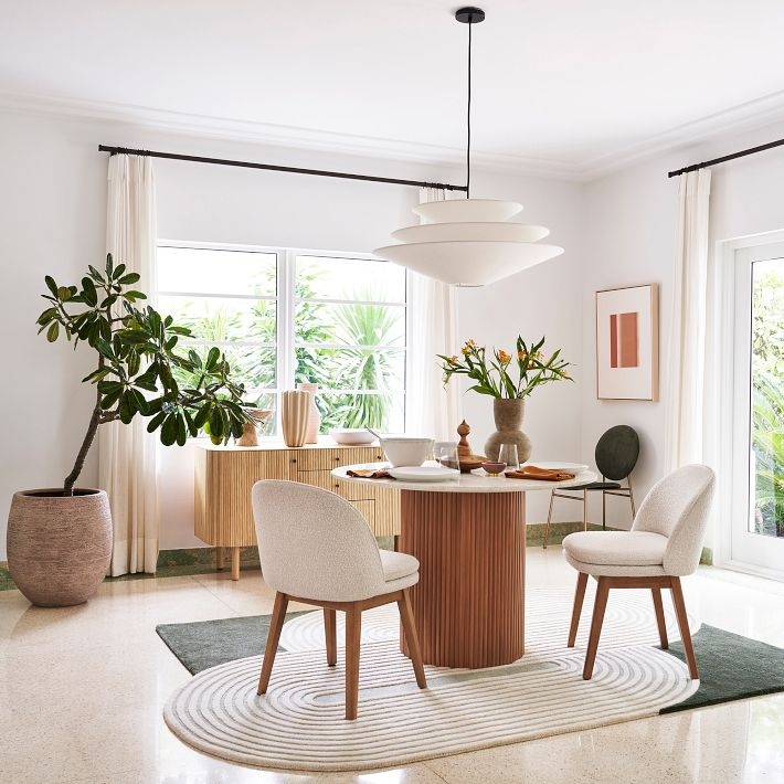 Round Dining Table Marble-Look Top with Fluted Wood Pedestal