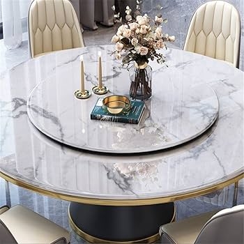 Round Dining Table Polished Marble with Gold Rim and Lazy Susan