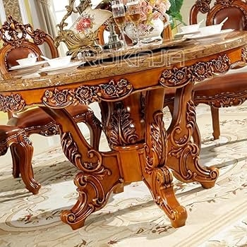 Round Dining Table, Rose Carved Apron, Stone Look Turntable