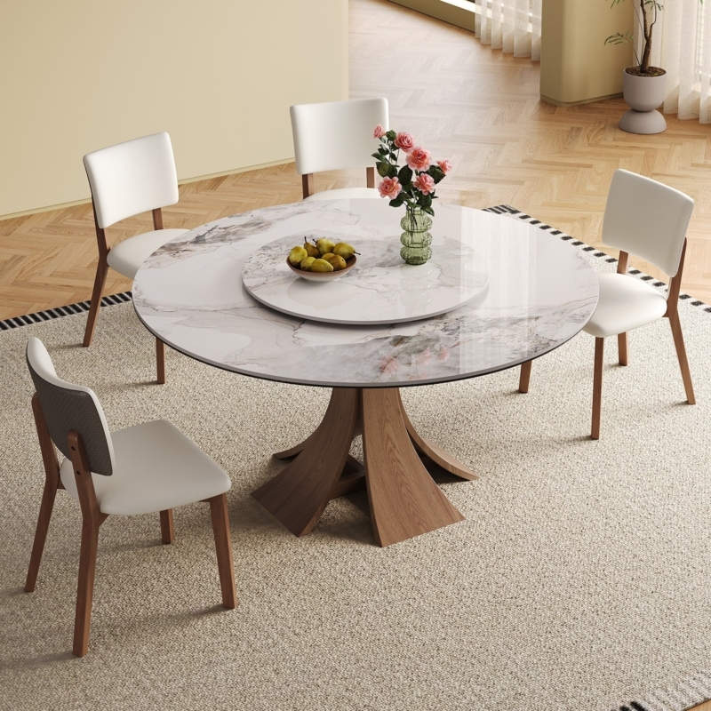 Round Dining Table Stone-Like Top with Sculptural Wood Base