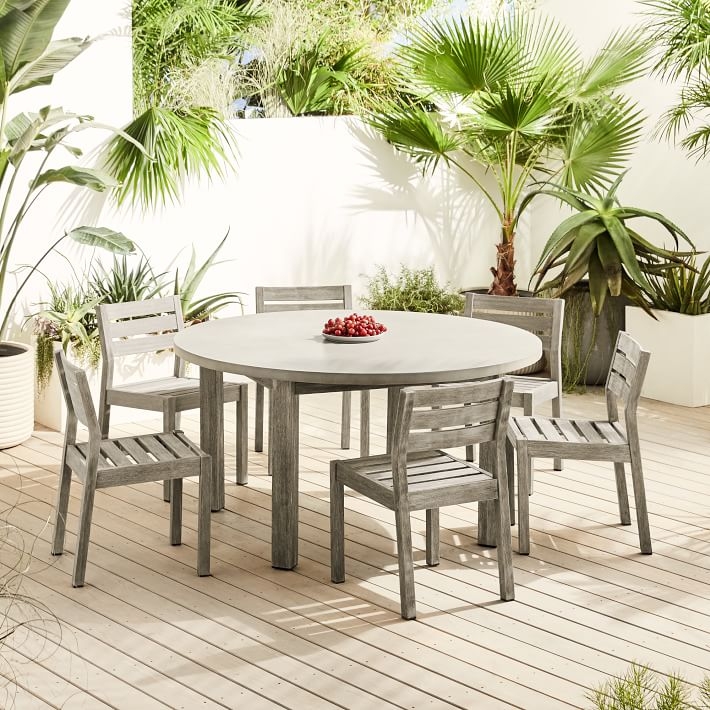 Round Dining Table Weathered Gray Concrete Top Wood Tapered Legs