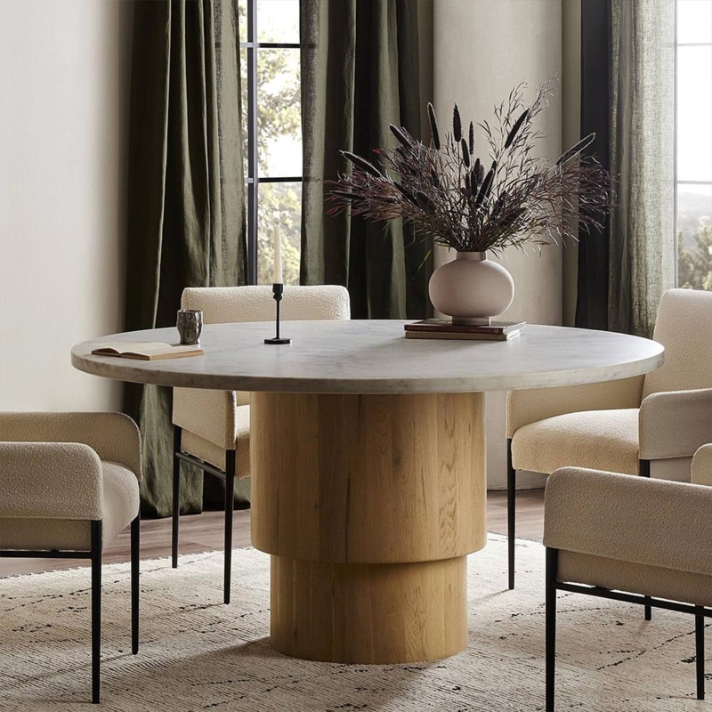 Round Dining Table with Tiered Oak Wood Pedestal and White Marble