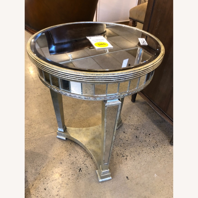 Round End Table Antiqued Finish Faceted Mirrored Apron Tapered Legs