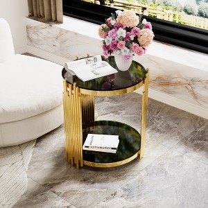 Round End Table Asymmetrical Gold Slats Black Mirror Two-Tier Design