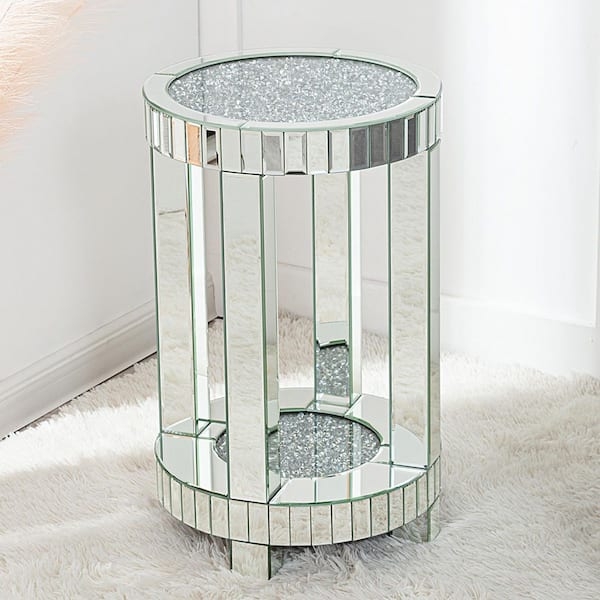 Round End Table Crushed Glass Inlay Recessed Tiered Shelving Silver