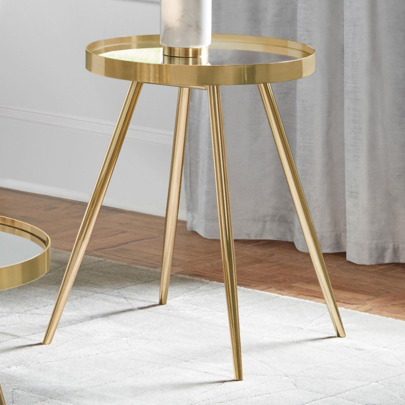 Round End Table Tripod Base Polished Gold Finish Raised Gallery Rim