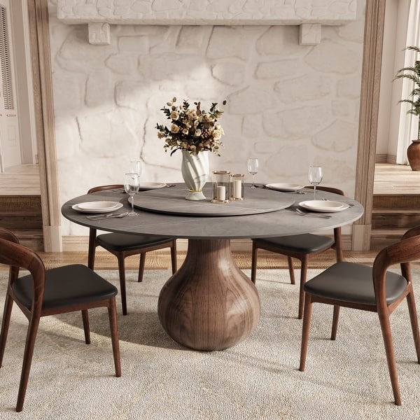Round Farmhouse Dining Table, Bulbous Base Charcoal Stone Look