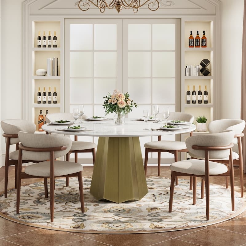 Round Glossy Dining Table, White Stone Top Faceted Gold Base