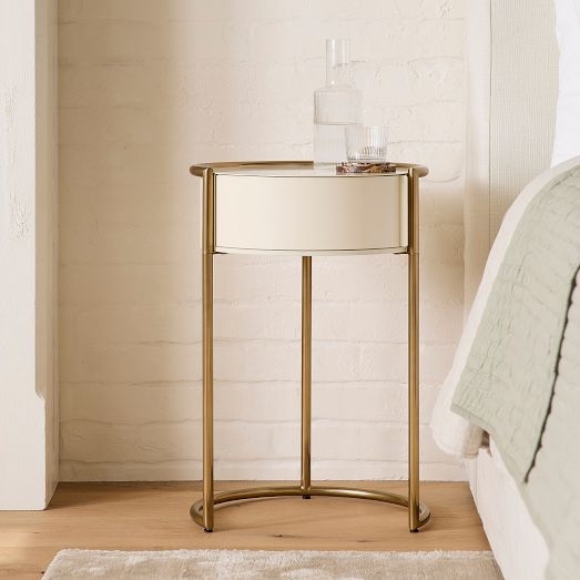 Round Gold Nightstand Off White Drawer C Shaped Base Mid Century