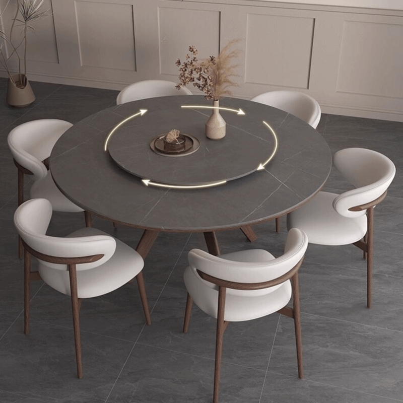 Round Grey Sintered Stone Table, Walnut Legs Curved Back Chairs