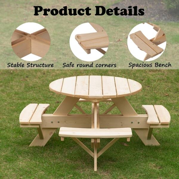 Round Kids Picnic Table with Four Integrated Benches and X-Frame Base