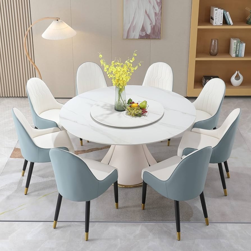Round Marble Dining Set, Dual Tone Blue and White Bucket Chairs