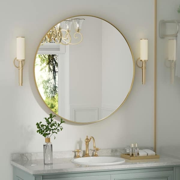 Round Mirror for Bathroom Vanity with Brushed Metallic Frame & Thin Bezel