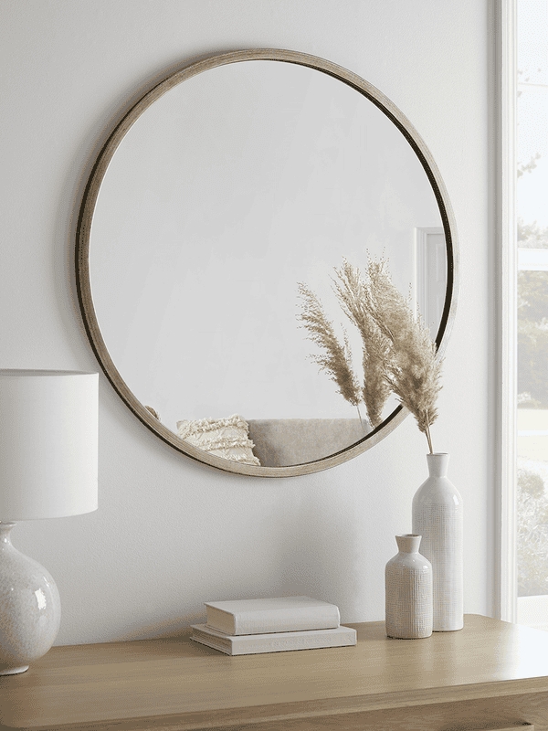 Round Mirror with Bevelled Edge Glass & Burnished Silver Finish Frame