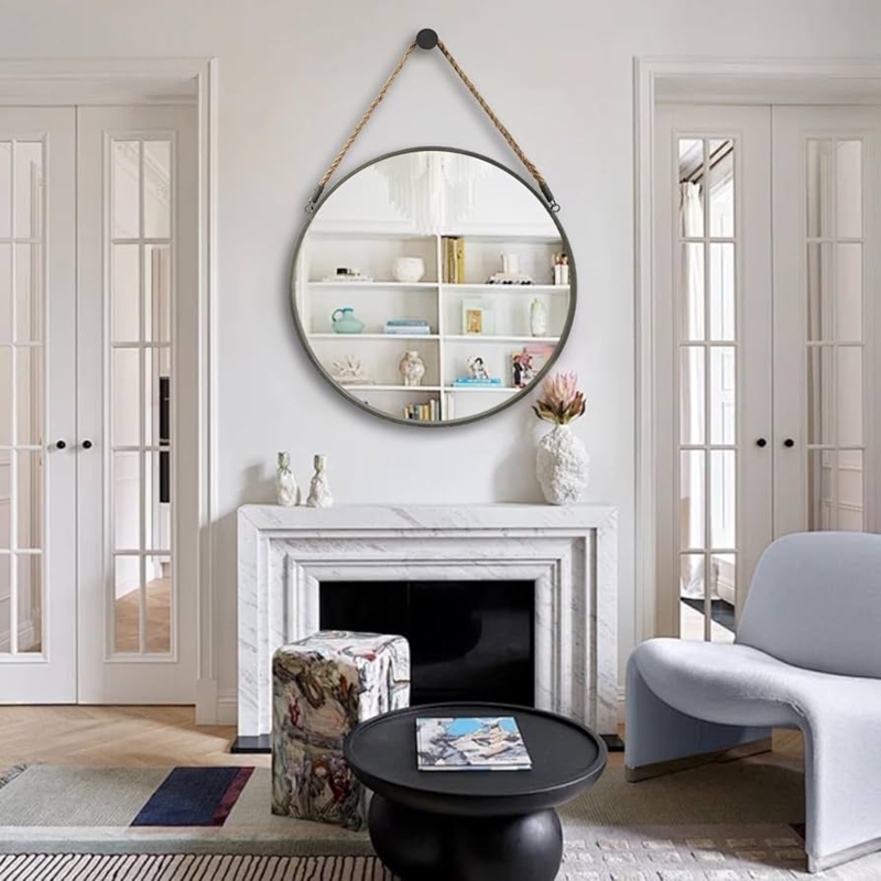 Round Mirror with Rope Suspension & Grey Frame for Farmhouse Decor