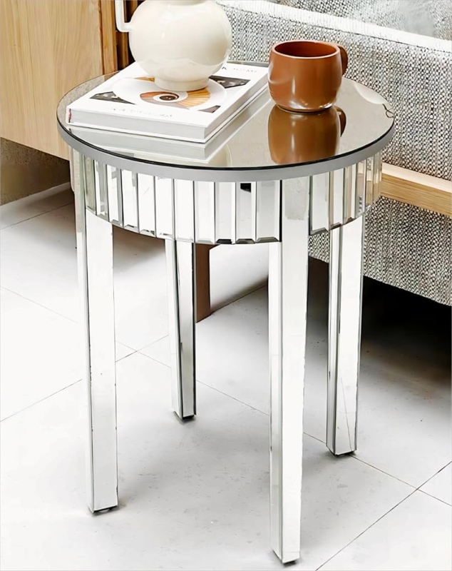 Round Mirrored End Table Slatted Apron Beveled Glass Top Polished Silver