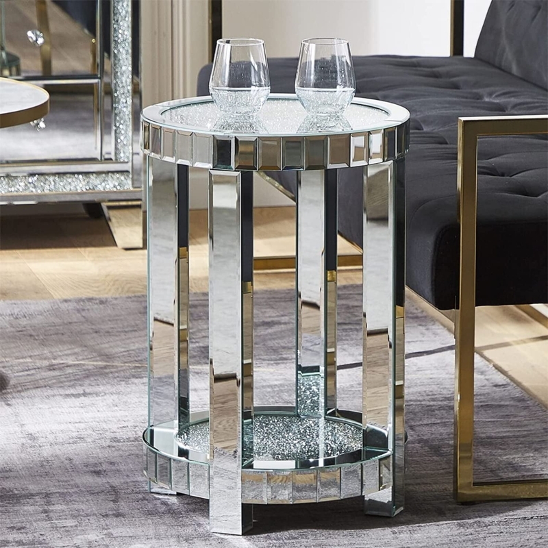 Round Mirrored Side Table Diamond Crush Inlay Polished Silver Glam